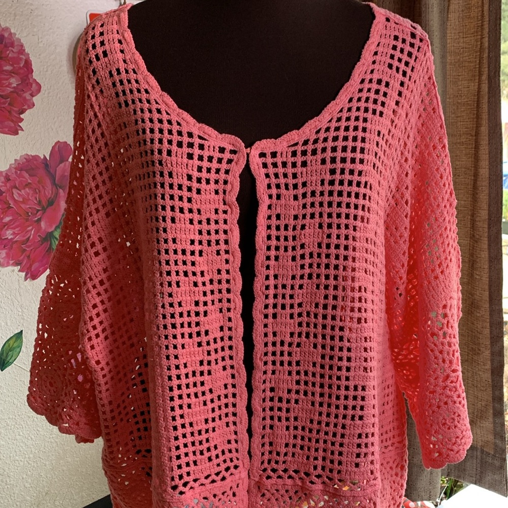 Roaman’s sunset coral crochet cardigan. Size Large.